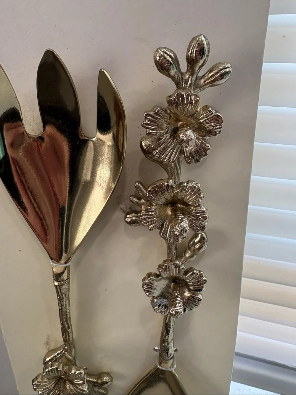 NEW AND UNIQUE Handcrafted India Gold Floral Salad Servers - Set of 2